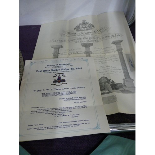 145 - A COLLECTION OF MASONIC ITEMS TO INCLUDE APRON, SASH, EPHEMERA ETC