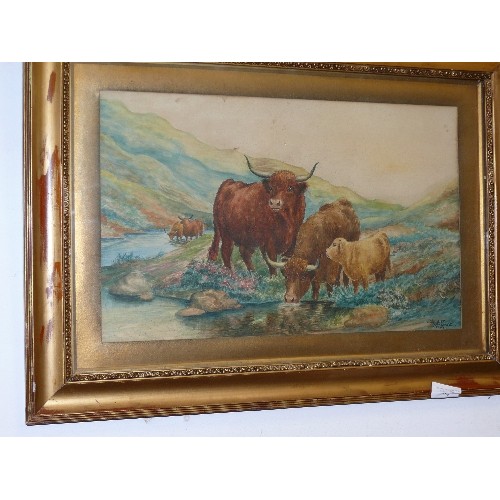 158 - A FRAMED AND GLAZED WATERCOLOUR OF HIGHLAND CATTLE SIGNED BERT RIMMER 1924