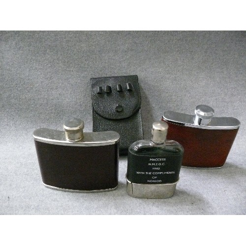 159 - 3 STAINLESS STEEL AND LEATHER HIP FLASKS, 1 WITH A LEATHER CASE