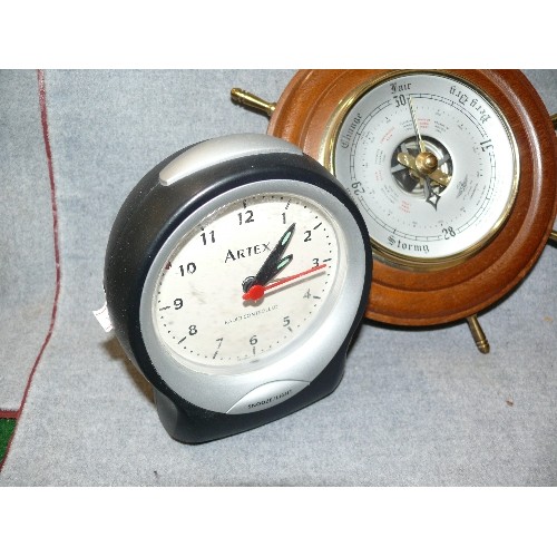 163 - AN ART DECO STYLE CLOCK PLUS A RADIO CONTROLLED CLOCK AND A WOODEN BAROMETER