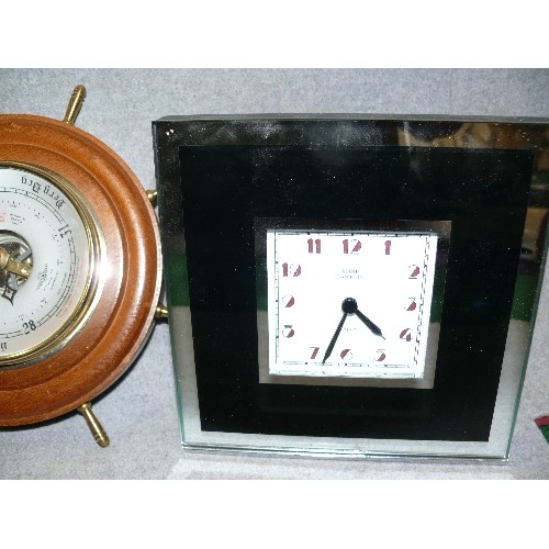 163 - AN ART DECO STYLE CLOCK PLUS A RADIO CONTROLLED CLOCK AND A WOODEN BAROMETER