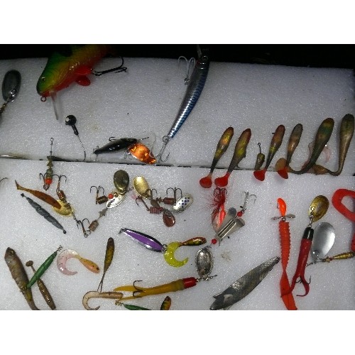 226 - AN ALUMINIUM CASE OF FISHING LURES