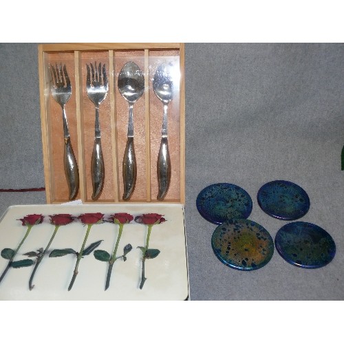 216 - BOXED SALAD SERVERS, PLACE MATS AND DECORATIVE COASTERS