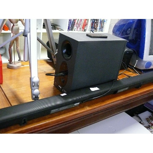 213 - AN HITACHI SOUND BAR, SUBWOOFER AND REMOTE CONTROL