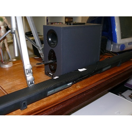 213 - AN HITACHI SOUND BAR, SUBWOOFER AND REMOTE CONTROL