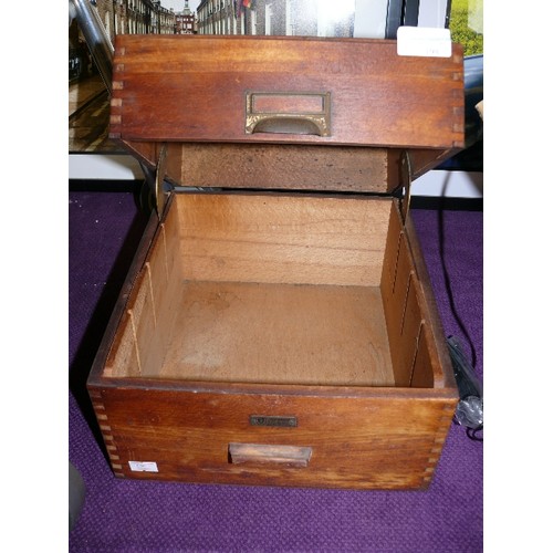 198 - A WOODEN STORAGE BOX WITH UNUSUAL LID OPENING