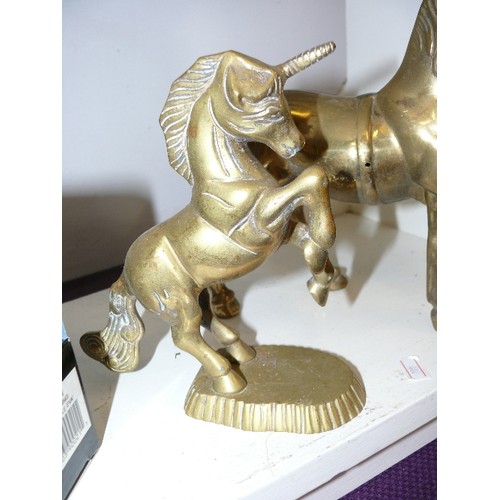 114 - A HEAVY BRASS HORSE PLUS A REARING UNICORN