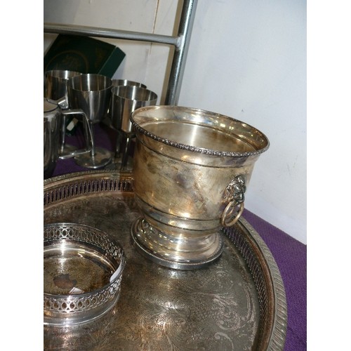 162 - A SILVER PLATE GALLERIED TRAY AND BOTTLE COASTER PLUS STAINLESS STEEL GOBLETS ETC