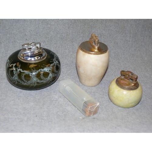 261 - 3 VERY NICE TABLE LIGHTERS, 2 STONE AND 1 CERAMIC