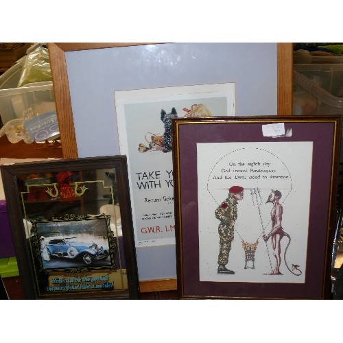 267 - A FRAMED AND GLAZED RAILWAY PRINT PLUS A ROLLS ROYCE MIRROR AND A PARATROUPERS COMEDIC PRINT