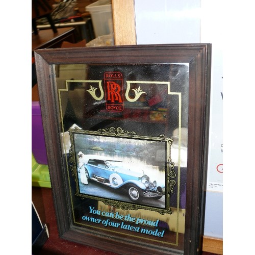 267 - A FRAMED AND GLAZED RAILWAY PRINT PLUS A ROLLS ROYCE MIRROR AND A PARATROUPERS COMEDIC PRINT