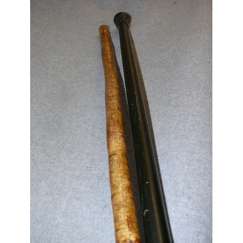 300 - A VINTAGE WOODEN WADING STICK AND A BLACK AND CHROME WALKING STICK