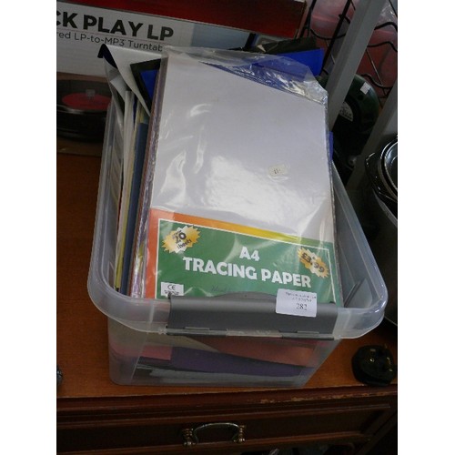 282 - A BOX OF VARIOUS CRAFTING PAPER, NOTEBOOKS ETC