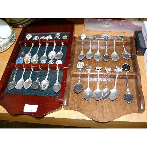 316 - 2 WOODEN DISPLAY CASES OF SOUVENIR SPOONS TO INCLUDE RAF, AEROPLANES ETC