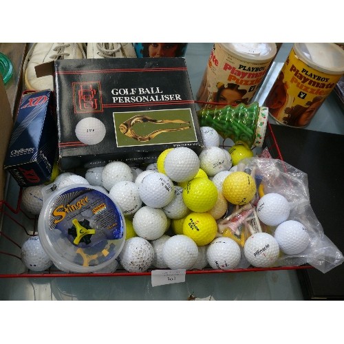 362 - A SELECTION OF GOLF BALLS, PERSONALISER, TEES, SHOE SPIKES ETC