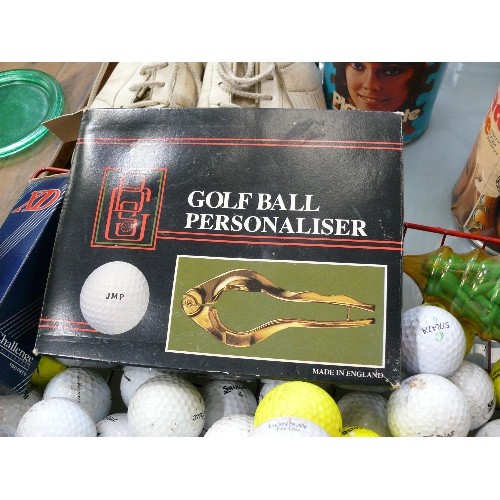 362 - A SELECTION OF GOLF BALLS, PERSONALISER, TEES, SHOE SPIKES ETC