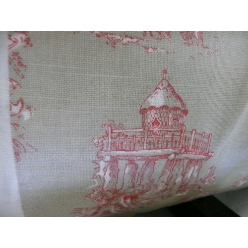 368 - A LARGE ROLL OF HIGHGROVE PINK AND STONE TOILE DE JOUY VINYL FABRIC