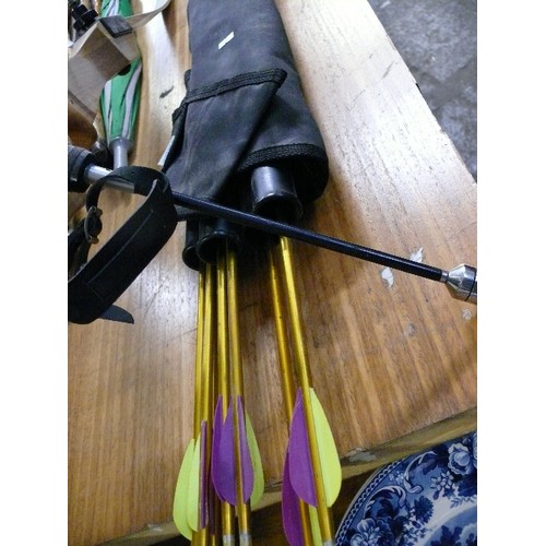 377 - A VERY GOOD ARCHERY SET LYONS RECURVE BOW AND ARROWS