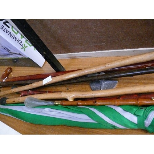 379 - SELECTION OF WALKING STICKS, A SHOE HORN, AN UMBRELLA AND A SHOOTING STICK