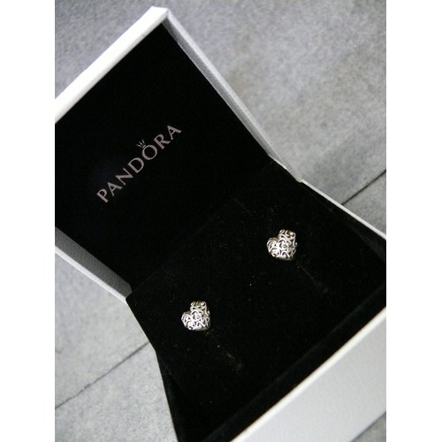 18 - A PANDORA SILVER PAIR OF LOVE HEARTS STUD EARRINGS, BOXED