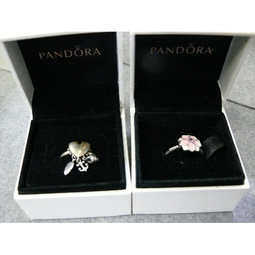 23 - 2 SILVER PANDORA RINGS 1 WITH ENAMEL FLOWER THE OTHER LIKE A CHARM RING