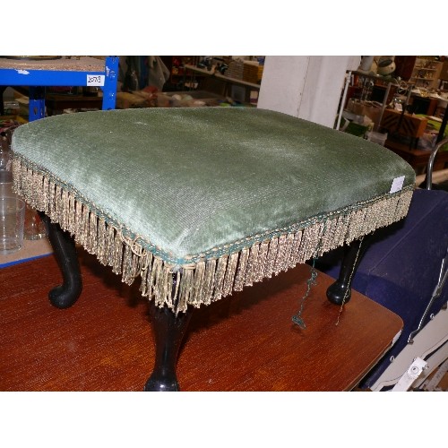 394 - SMALL STOOL ON CABRIOLE LEGS WITH VELVET FRINGED UPHOLSTERED SEAT