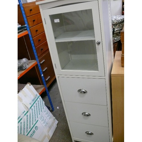 430 - WHITE NARROW CABINET WITH 3 UNDERDRAWERS AND A CUPBOARD WITH GLASS DOOR