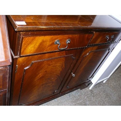 437 - MAHOGANY 2 DOOR CABINET WITH SWAN NECK HANDLES