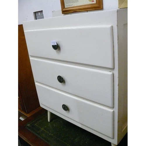 473 - RETRO CHEST OF 3 DRAWERS ON SPLAYED LEG,  PETITE, WITH METAL FLOWER KNOBS