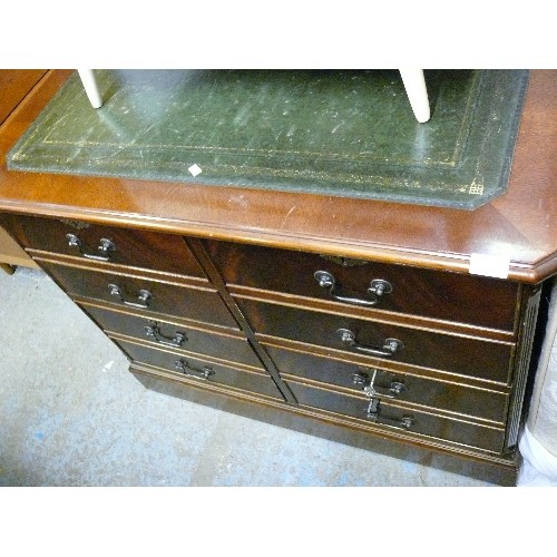 474 - MAHOGANY VENEER DEEP FILING DRAWERS (4) WITH GREEN LEATHER TOP -  MIMICKING A CHEST OF 8 DRAWERS