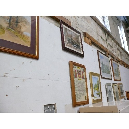 477 - SELECTION OF NINE PRINTS AND PAINTINGS (DISPLAYED ON THE WALL)