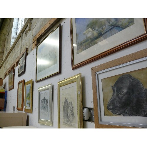 477 - SELECTION OF NINE PRINTS AND PAINTINGS (DISPLAYED ON THE WALL)