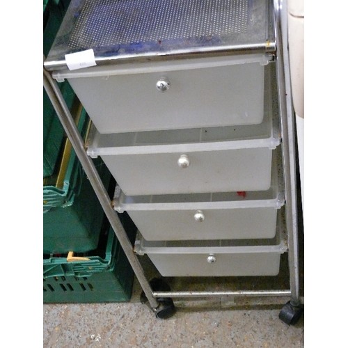 488 - CHROME STORAGE CHEST WITH 4 PLASTIC WHITE TRAYS