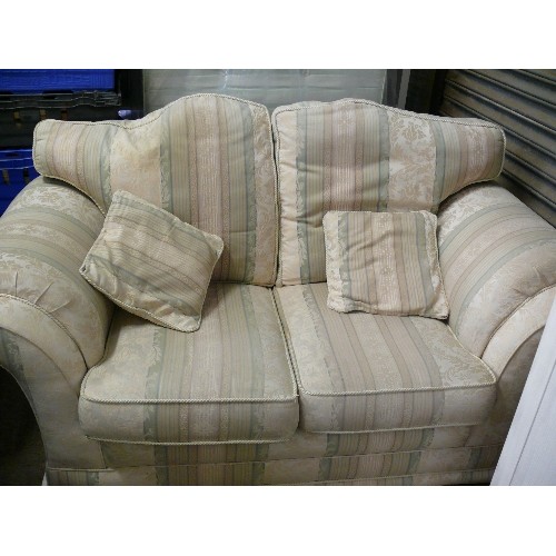 494 - 2 SEATER SOFA IN GOOD CONDITION, CREAM WITH DELICATE STRIPE OF DUCK EGG