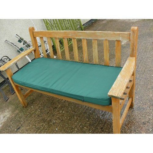 505 - TEAK GARDEN BENCH WITH GREEN SEAT CUSHION