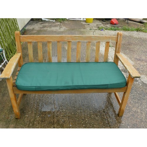 505 - TEAK GARDEN BENCH WITH GREEN SEAT CUSHION