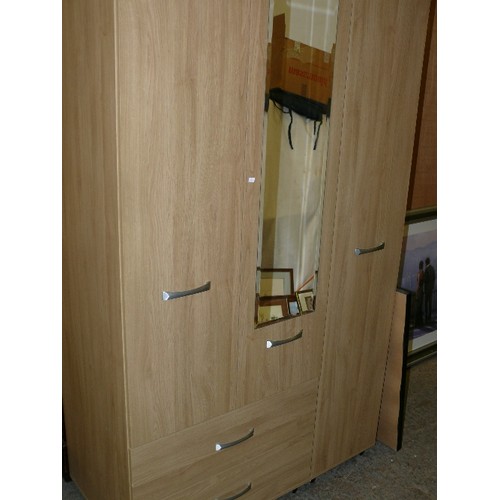 430A - MODERN 3 DOOR WARDROBE, CLOTHES HANGING ABOVE 2 DRAWERS CENTRAL MIRROR AND FURTHER HANGING SPACE