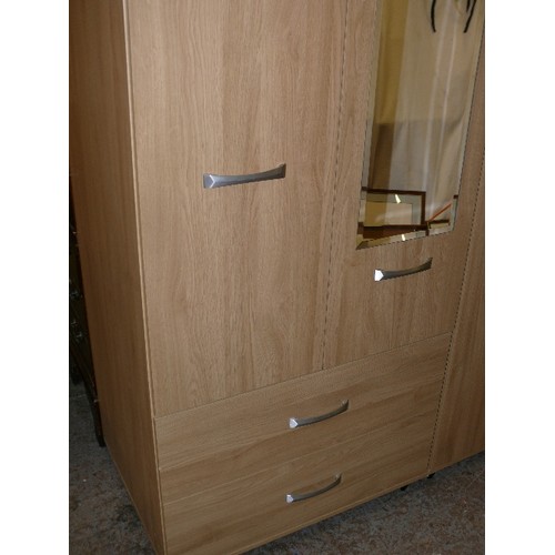 430A - MODERN 3 DOOR WARDROBE, CLOTHES HANGING ABOVE 2 DRAWERS CENTRAL MIRROR AND FURTHER HANGING SPACE