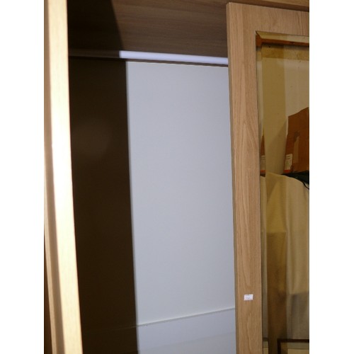 430A - MODERN 3 DOOR WARDROBE, CLOTHES HANGING ABOVE 2 DRAWERS CENTRAL MIRROR AND FURTHER HANGING SPACE