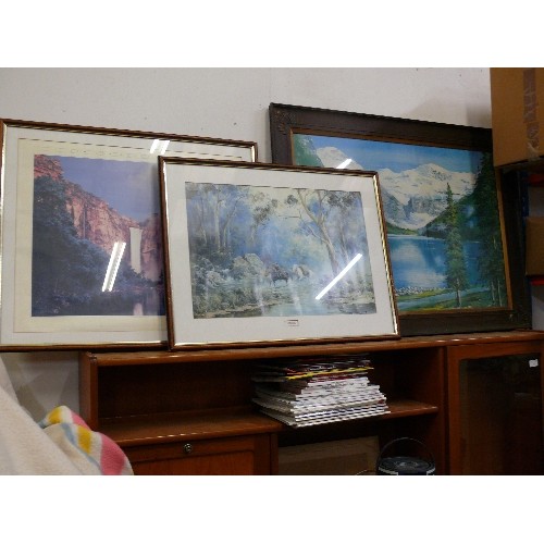 499C - 3 X PRINTS - ALPINE SCENE, 'CHASE FOR OLD' BY JAMES THOMAS AND 'JIM FALLS' BY PETER JAVA, ALL FRAMED... 