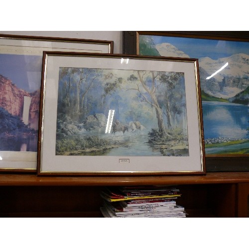 499C - 3 X PRINTS - ALPINE SCENE, 'CHASE FOR OLD' BY JAMES THOMAS AND 'JIM FALLS' BY PETER JAVA, ALL FRAMED... 