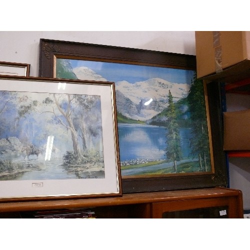 499C - 3 X PRINTS - ALPINE SCENE, 'CHASE FOR OLD' BY JAMES THOMAS AND 'JIM FALLS' BY PETER JAVA, ALL FRAMED... 