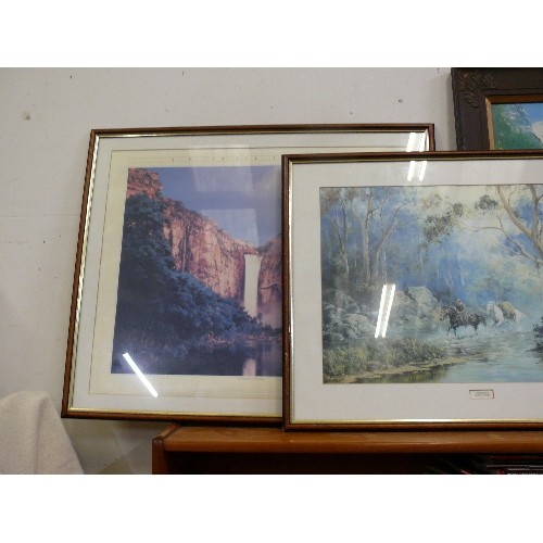 499C - 3 X PRINTS - ALPINE SCENE, 'CHASE FOR OLD' BY JAMES THOMAS AND 'JIM FALLS' BY PETER JAVA, ALL FRAMED... 