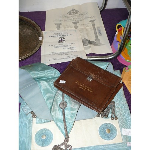 145 - A COLLECTION OF MASONIC ITEMS TO INCLUDE APRON, SASH, EPHEMERA ETC