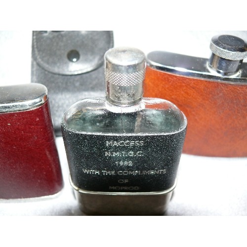 159 - 3 STAINLESS STEEL AND LEATHER HIP FLASKS, 1 WITH A LEATHER CASE