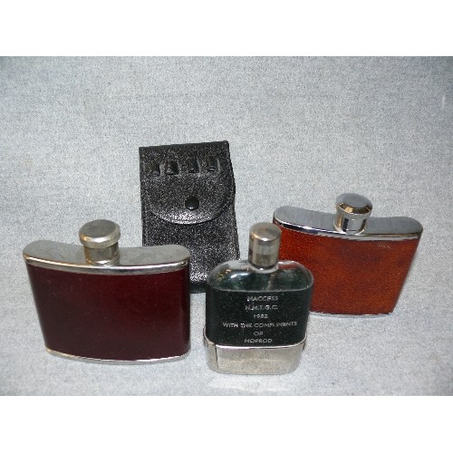 159 - 3 STAINLESS STEEL AND LEATHER HIP FLASKS, 1 WITH A LEATHER CASE