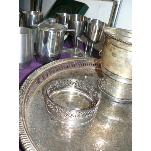 162 - A SILVER PLATE GALLERIED TRAY AND BOTTLE COASTER PLUS STAINLESS STEEL GOBLETS ETC