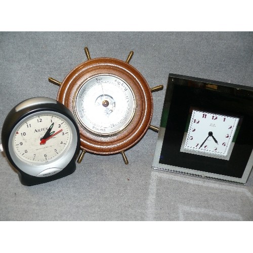 163 - AN ART DECO STYLE CLOCK PLUS A RADIO CONTROLLED CLOCK AND A WOODEN BAROMETER