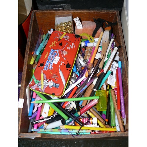 224 - A WOODEN BOX OF STATIONERY