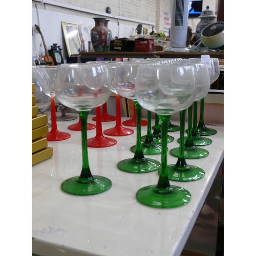 260 - VARIOUS GLASSES SETS WITH COLOURED STEMS